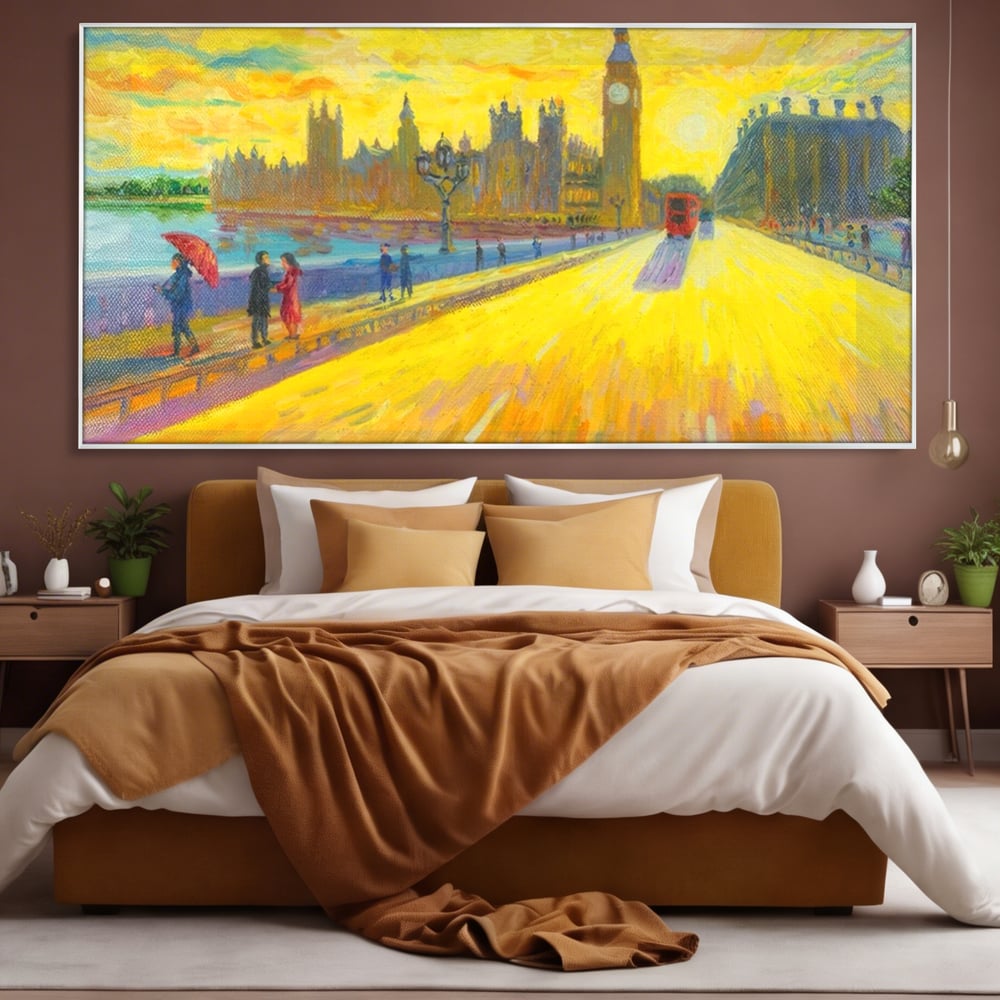 Tablou canvas cu tablou canvas cu londra si big ben, in rama de aluminiu argintiu, pe perete intr-un dormitor